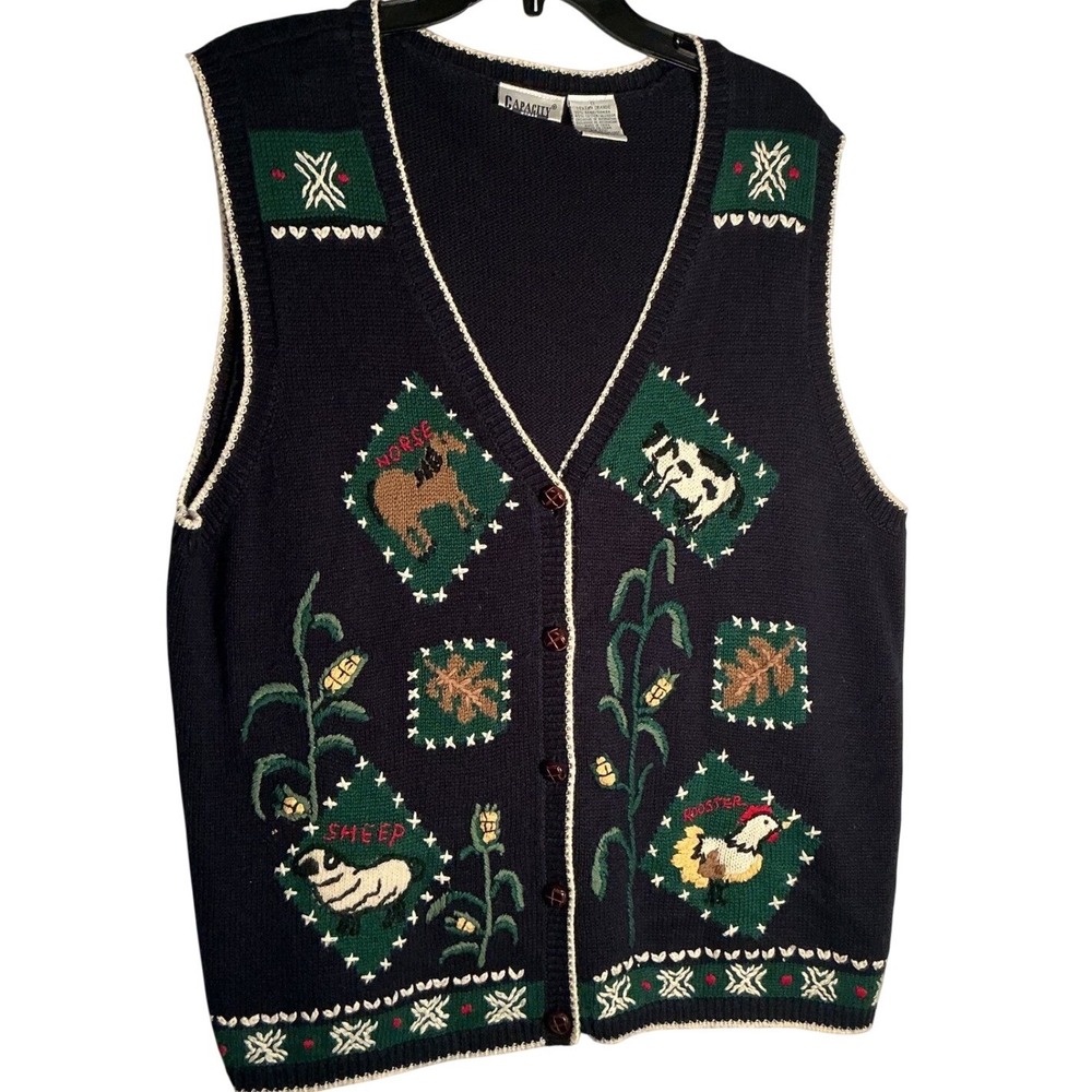 Capacity Woman Vintage Farm Animal Knit Sweater Vest Navy Blue 1X Hors Cow Sheep